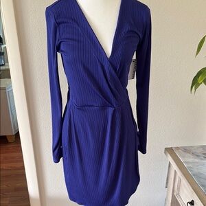Nine West Blue Ruched Long Sleeve Cocktail Dress